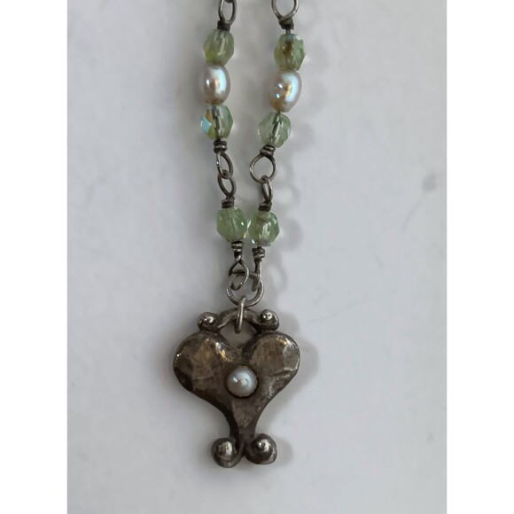 Artisan Sterling Silver Heart Pendant Green AB Glass & Pearl Necklace 16-18 in - Picture 9 of 15